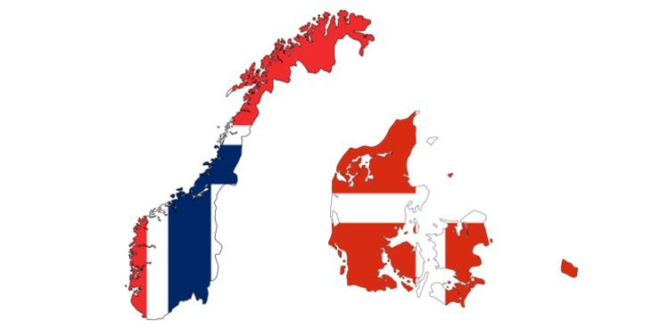 The Norwegian and Danish flag superimposed on maps of the two countries.