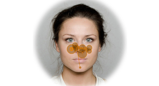 Portrettbilde av en kvinne. Punkter markert omtrent midt i ansiktet rundt nesen.