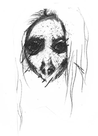 Drawing of a person with dark eyes and no mouth.