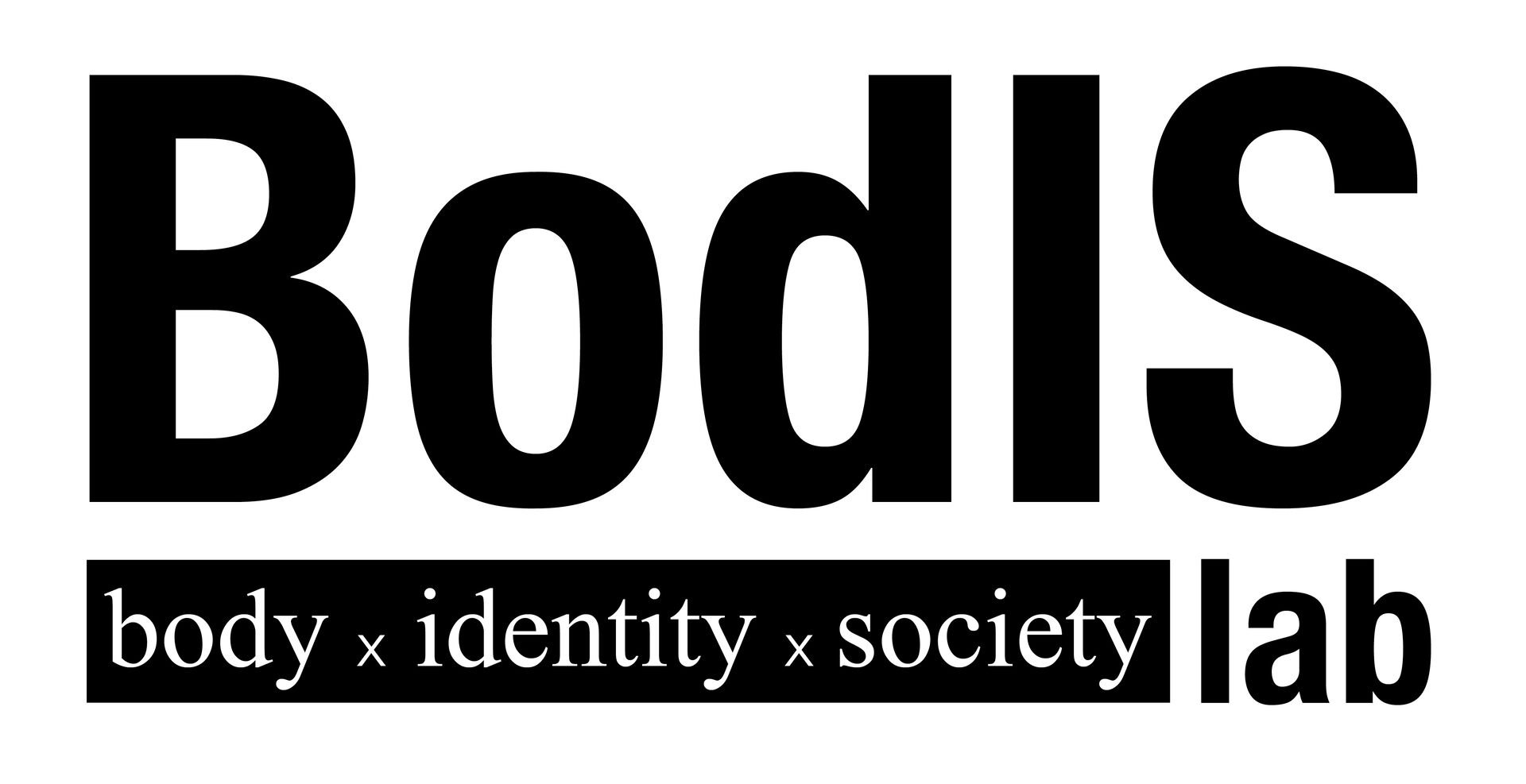 Forskningsgruppens logo; "BodIS" med stor skrift øverst, og "body x identity x society lab" under.