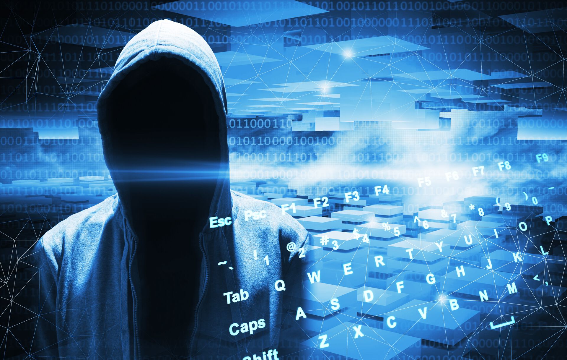 Illustration of a person hiding his face with a hoodie. Computer keyboard and blue shapes.