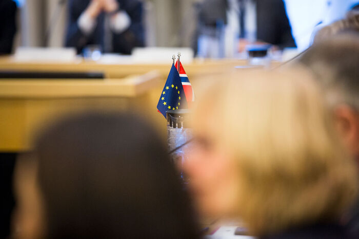 Blurry picture of people in a room, EU and Norwegian flag on a desk 