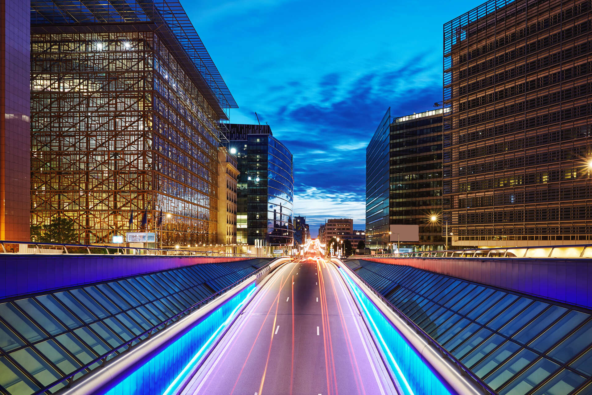 Long exposure shot of a central street in Brussels at blue hour. 