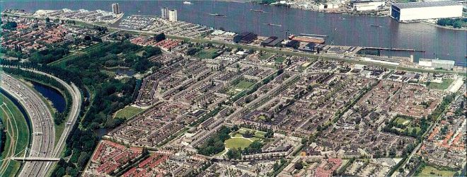 aerial image of a city scape along a river