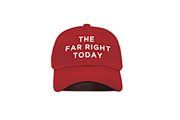 Image may contain: Cap, Clothing, Red, Baseball cap, Text.
