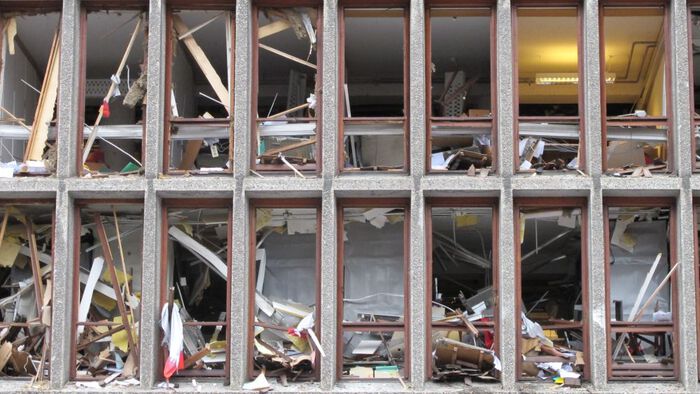 bombed out windows after the 2011 terror attacks