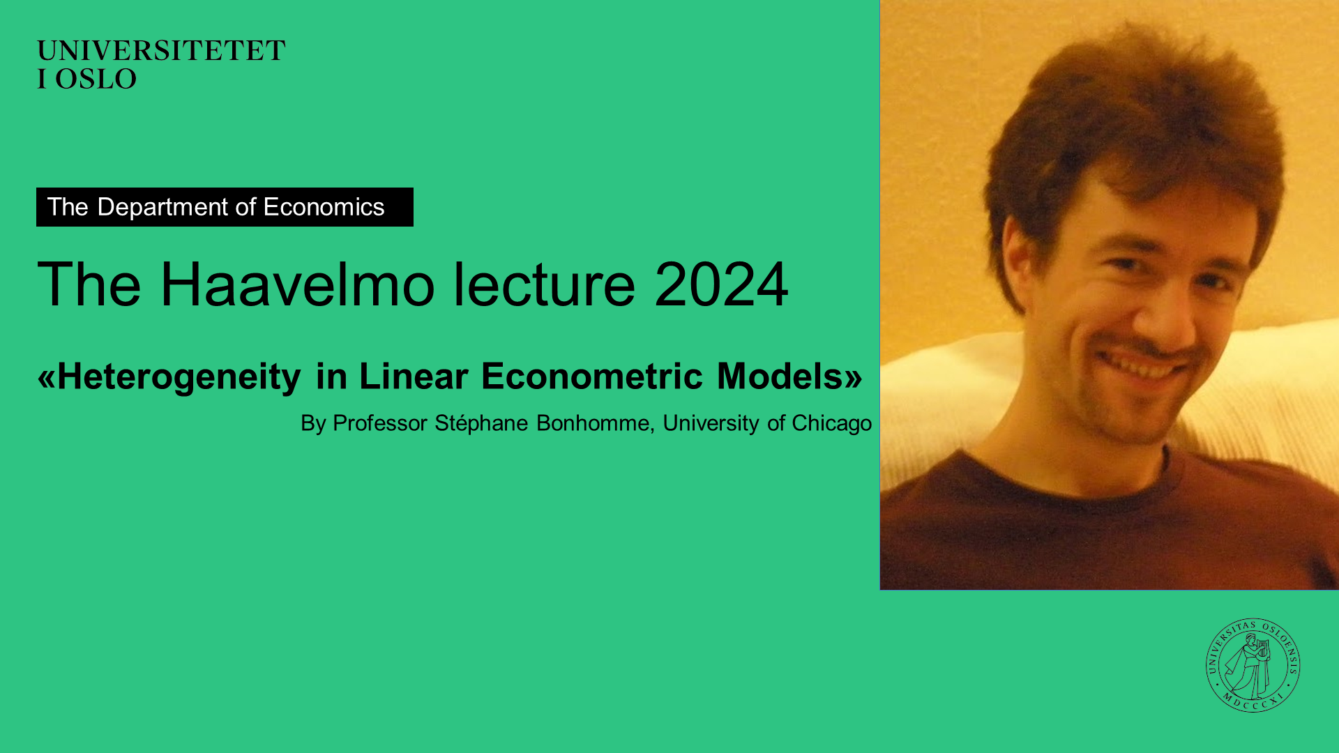 Title of the lecture with the photo of Stephane Bonhomme