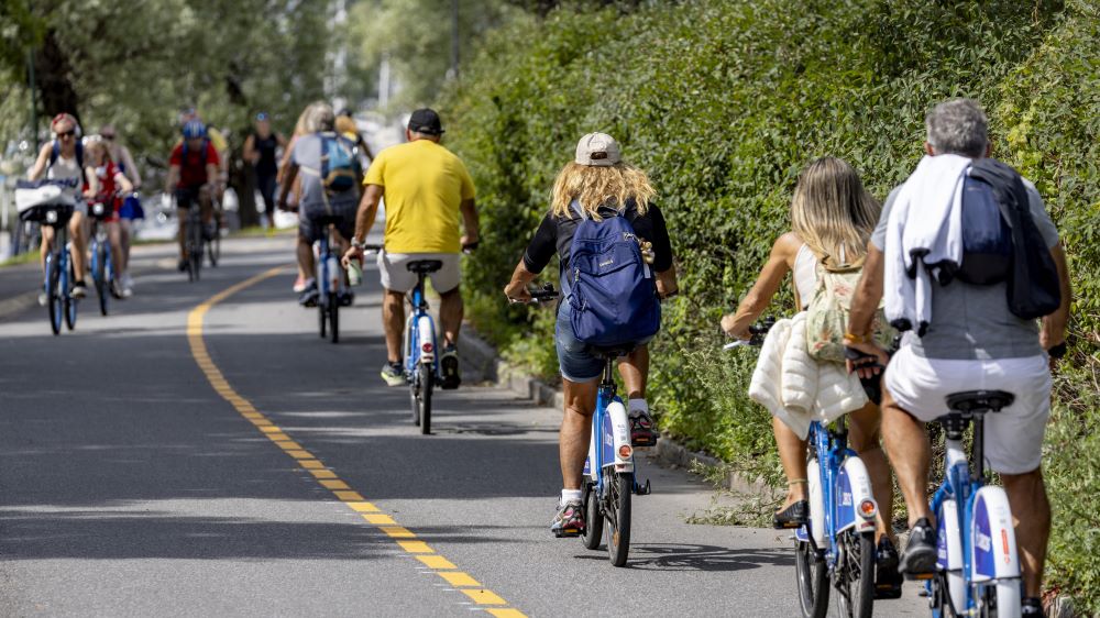 Folk som sykler i to retninger på sykkelsti i sommerlige klær 