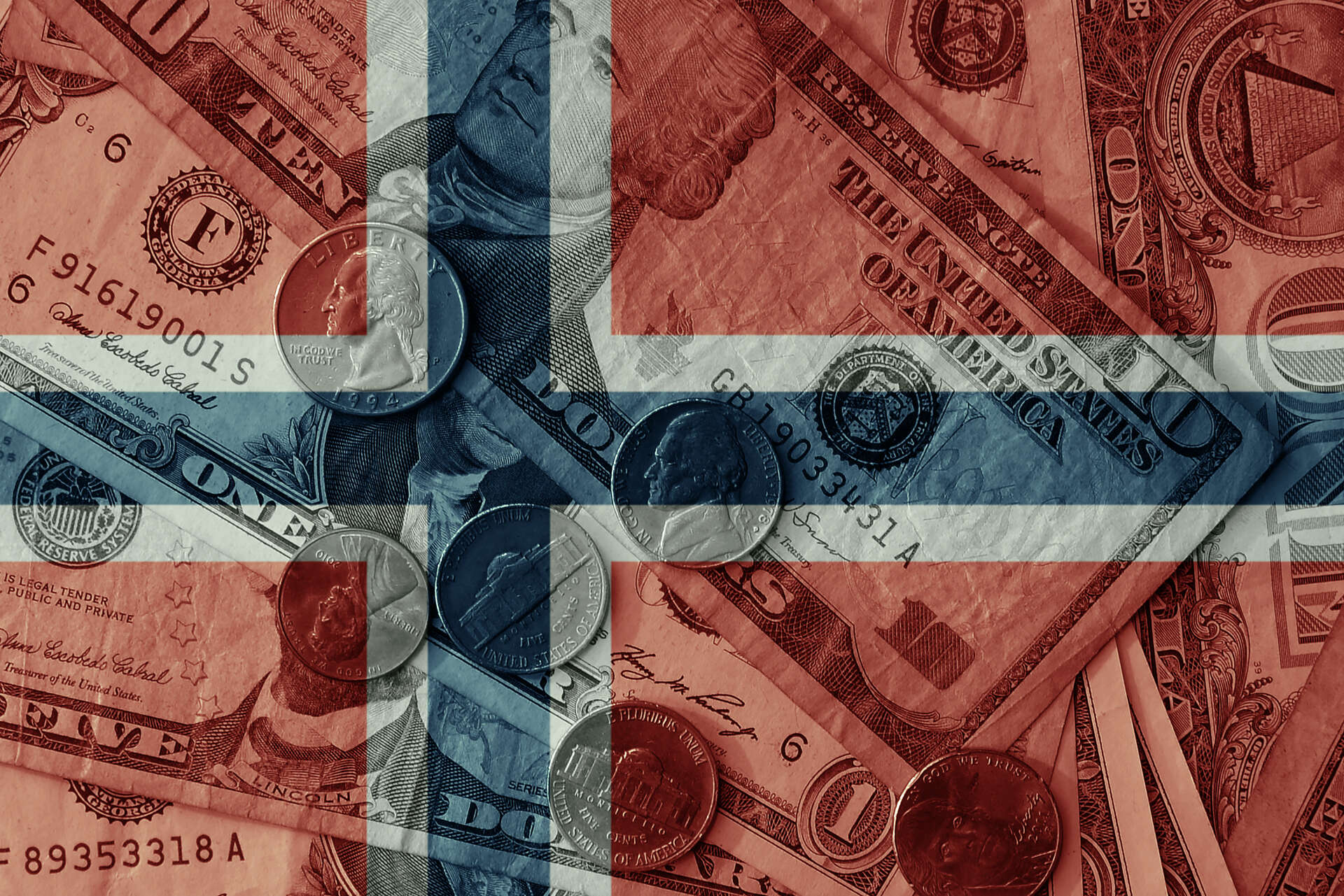 norsk flagg med sedler i bakgrunnen