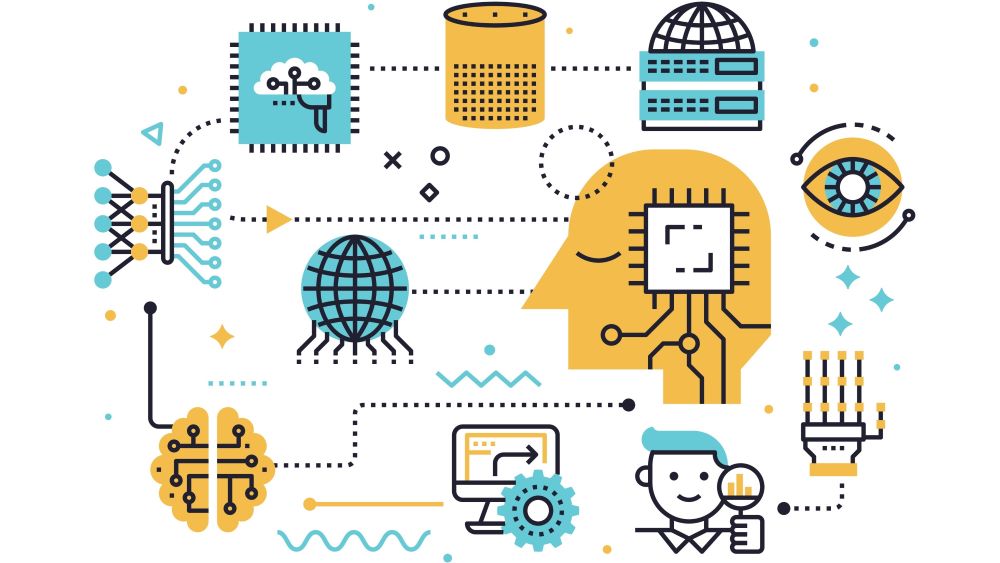Vector image of robot, brain, eyes, computer chips