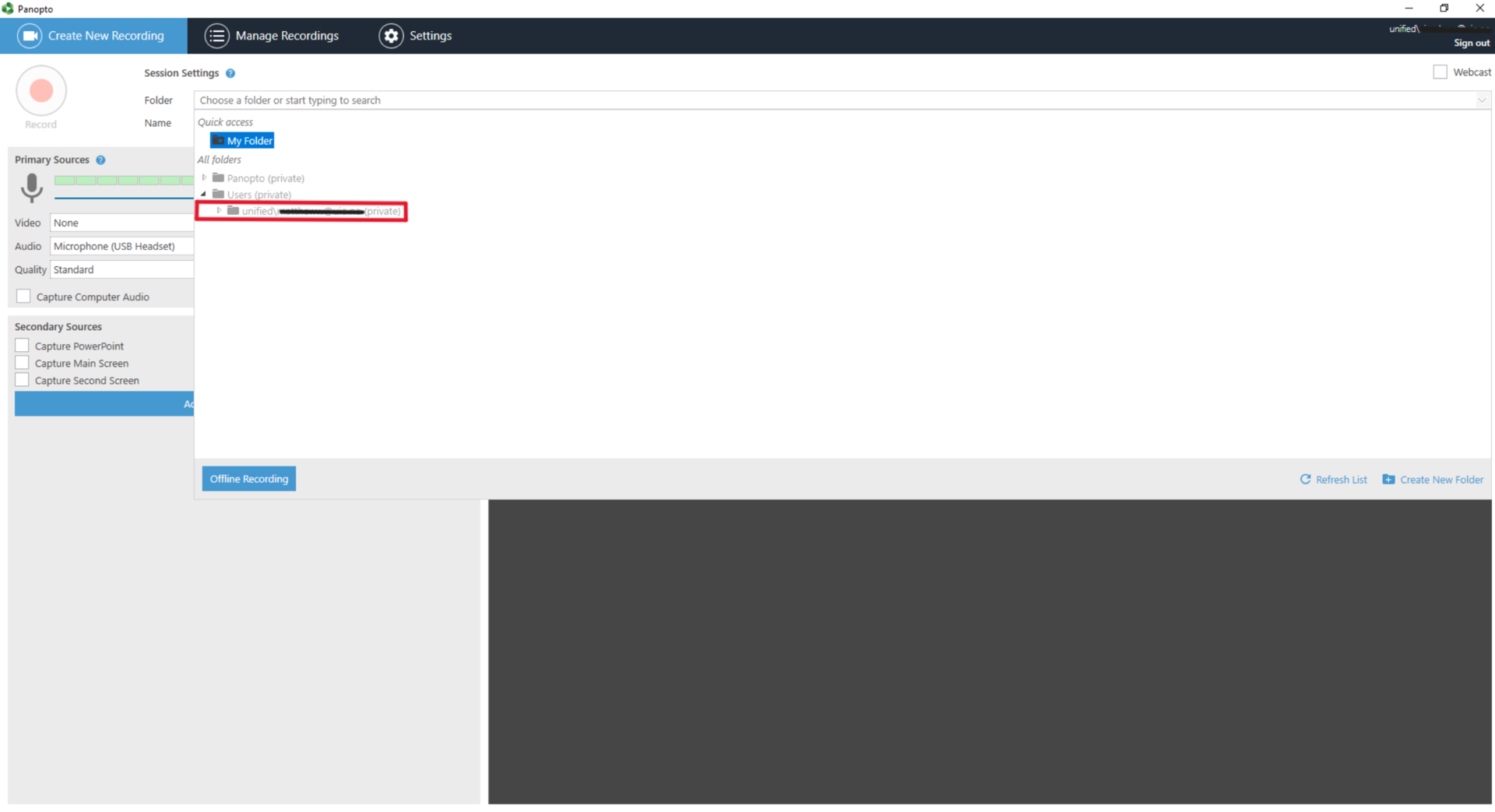 User folder in Panopto