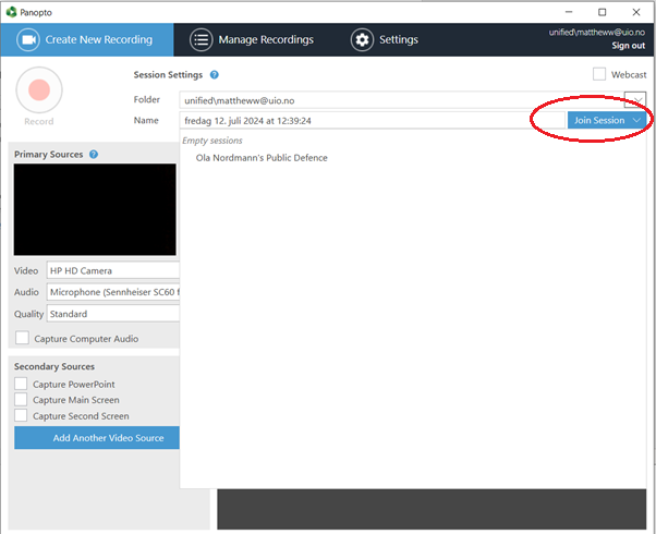 Join Session in a Panopto webcast