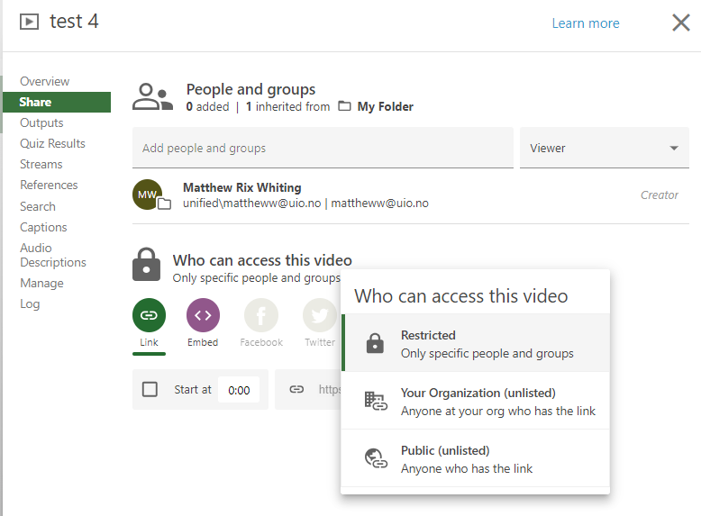 Sharing settings for a Panopto webcast