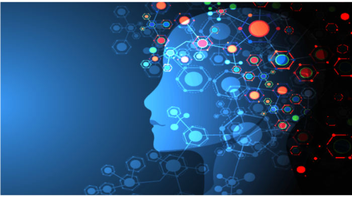Photo illustration in blue tones with a head outline