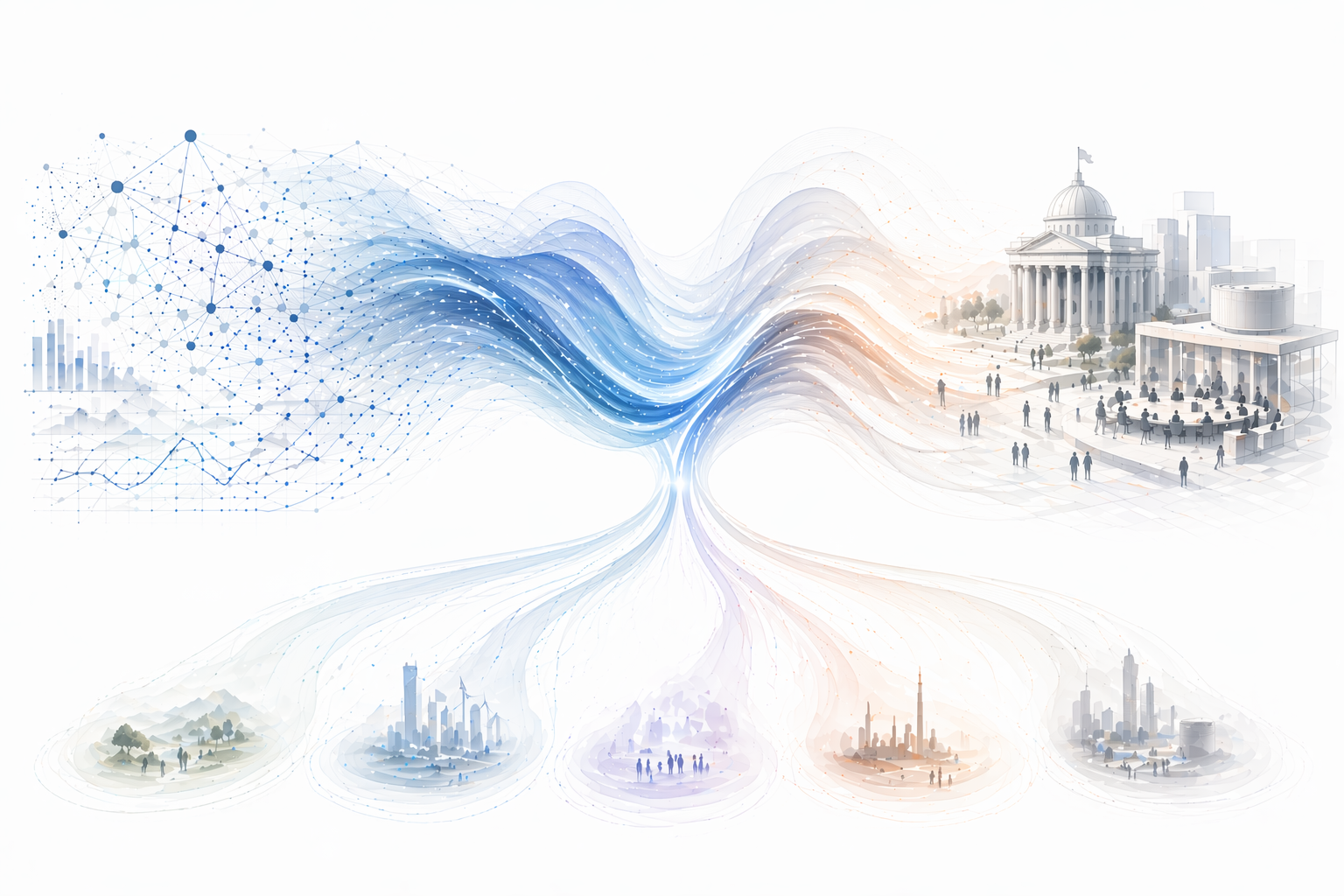Science and data on the left connect to decision-making processes in governance institutions on the right via a bridge in the center shown as waves representing imagination.