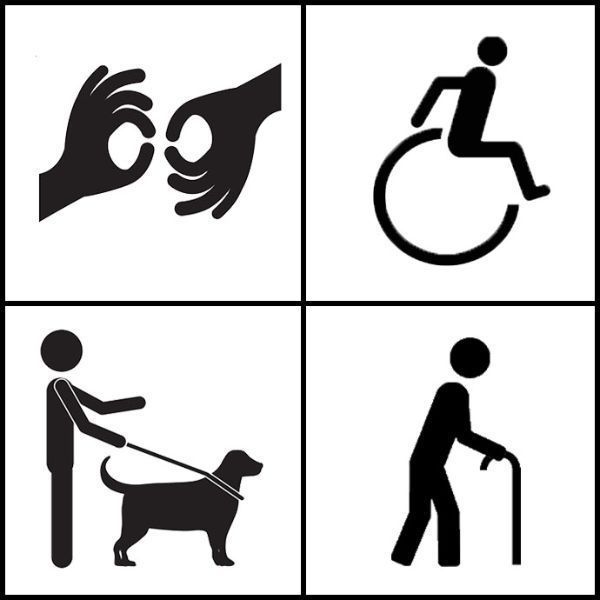Bildet viser fire enkle ikoner i svart farge, mot en hvit bakgrunn: to hender som bruker tegnspråk, en person som bruker rullestol, en person som bruker førerhund og en person som bruker stokk.