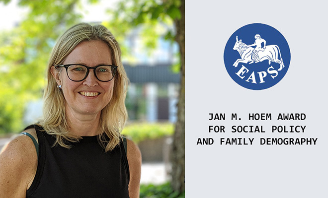 Trude Lappegård, logo og teksten "Jan M. Hoem award for social policy and family demography"