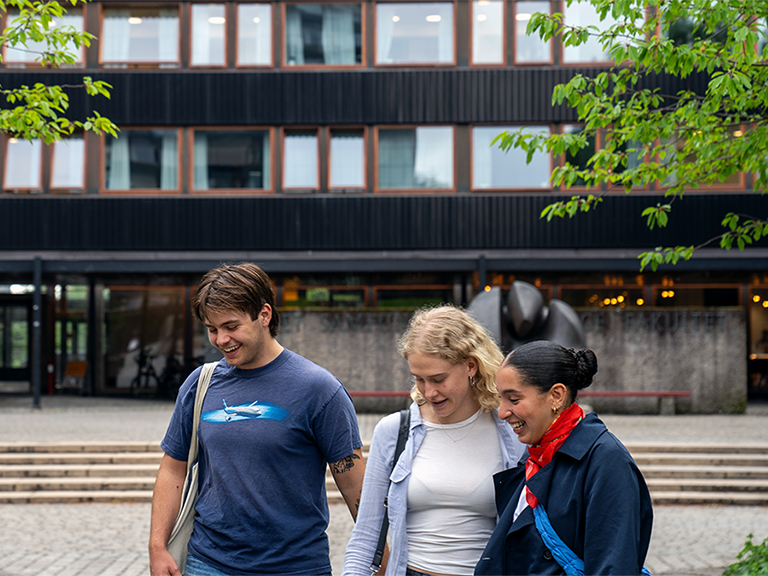 Studenter i statsvitenskap står utenfor Eilert Sundts hus