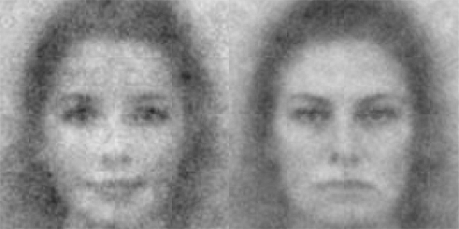 Kornete bilde av to kvinner. Kvinnen til venstre smiler, og kvinnen til høyre har et alvorlig ansiktsuttrykk og bredere ansiktstrekk.