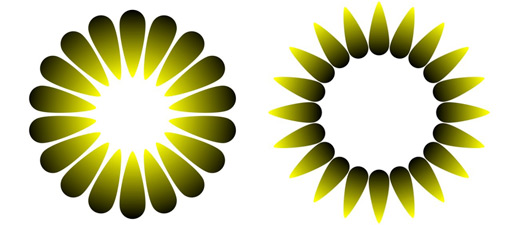 To runde illustrasjoner. Figuren til venstre heter «Morning sunlight», og har tilsynelatende et sterkt lys i midten. Den til høyre heter «Evening dusk», og her ser midten ut til å være mørkere enn bakgrunnen rundt. De to figurene er egentlig like lyse.