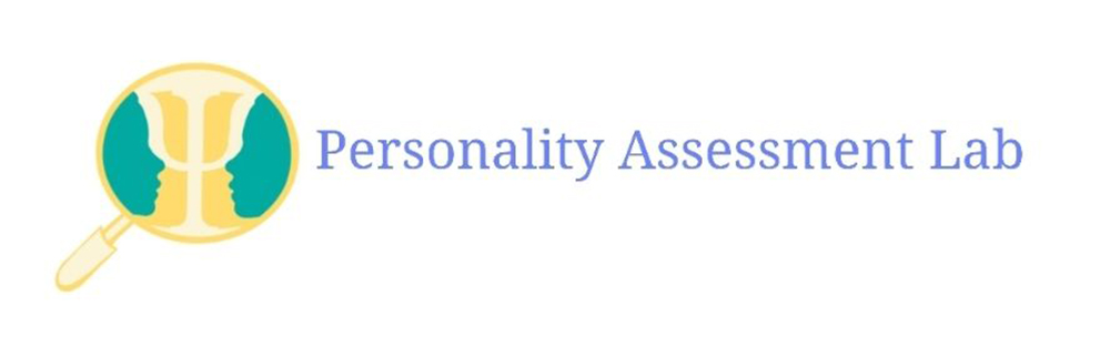 The research group's logo; an illustration of two facing each other as seen through a magnifying glass, as well as the text "Personality Assessment Lab".