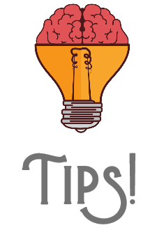 illustration of a lightning bulb, brain and the word tips