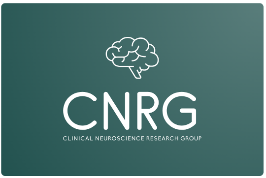 Forskningsgruppens logo; forkortelsen CNRG i store bokstaver under en strektegning av en hjerne, samt gruppens fulle navn nederst.