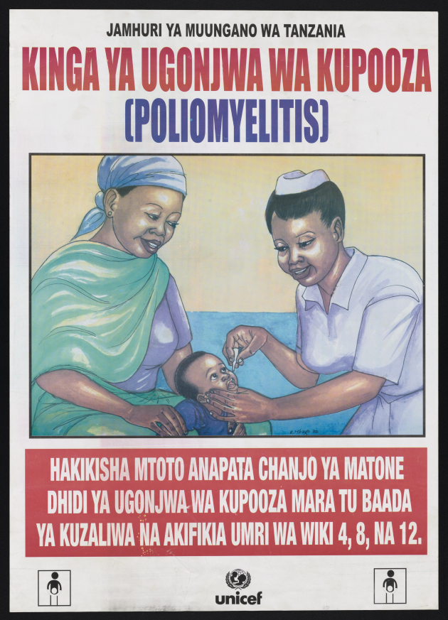 A nurse administers an oral polio vaccination in Tanzania. Colour lithograph by Unicef, 2002. Wellcome Collection. In copyright