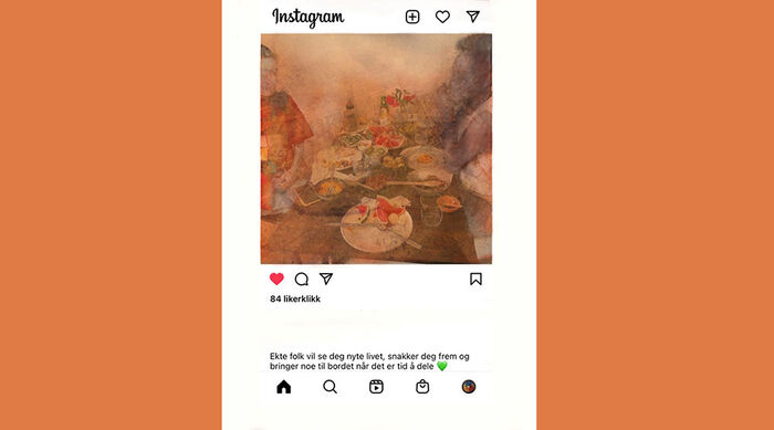 Instagrampost med et malt bilde av to kvinner som spiser, og teksten er: ekte folk vilse deg nyte livet, snakker deg frem og bringer noe til bordet når det er tid å dele.
