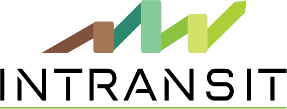 Logoen til forskningssenteret Intransit. Stor skrift og et brunt og grønt bånd over.