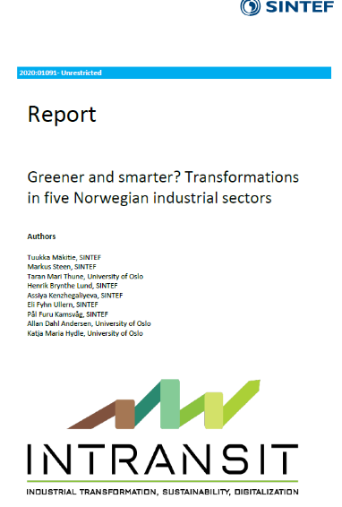 Front page of the report Greener and smarter? Transformations in five Norwegian industrial sectors.